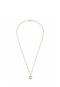 Collana in tonalità oro con una catena attorcigliata e un pendente a forma di cuore che presenta una pietra preziosa trasparente e sfaccettata al centro.