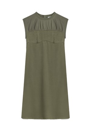Vestido verde oliva con escote redondeado, detalles plisados en la parte superior del cuerpo, mangas cortas y un corte holgado. Textura de tela suave.