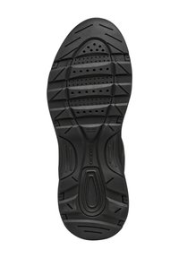 Suola di scarpa in gomma nera con superficie testurizzata, caratterizzata da tasselli multidirezionali e perforazioni per la traspirabilità. Logo Geox visibile.