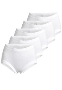 Weißes Baumwoll-Hipster-Unterwäsche-Set, das ein dezentes Punktemuster, einen elastischen Bund und ein mittelhohes Design aufweist, präsentiert in einer Packung mit fünf.