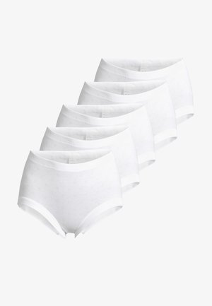 Weißes Baumwoll-Hipster-Unterwäsche-Set, das ein dezentes Punktemuster, einen elastischen Bund und ein mittelhohes Design aufweist, präsentiert in einer Packung mit fünf.