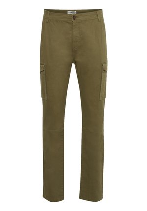 Pantaloni cargo verdi con una vestibilità dritta, dotati di due tasche laterali, chiusura con bottone e dettagli cuciti sulla superficie del tessuto.