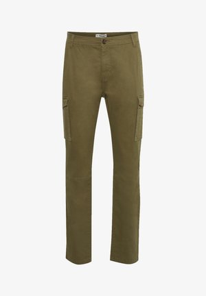 Pantalons cargo verts avec une coupe droite, dotés de deux poches latérales, d'une fermeture à bouton et de détails cousus sur la surface du tissu.