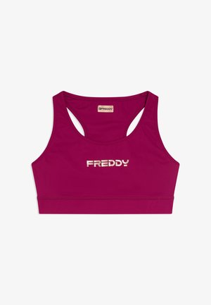 Reggiseno sportivo magenta con design racerback e ""FREDDY"" stampato in bianco al centro davanti.