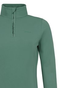 Pullover verde con colletto alto e una cerniera corta sul davanti. Caratterizzato da un tessuto testurizzato e un logo discreto, ideale per il layering.