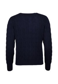 Pulover bleumarin cu mâneci lungi, gât rotund și tiv cu dungi. Confecționat din material tricotat texturat pentru căldură.