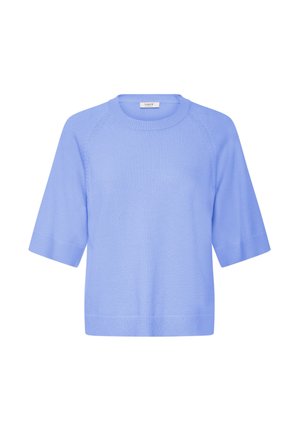 Light blue knit short-sleeve sweater with crew neck and ribbed cuffs and hem, displayed on a white background.