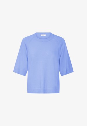 Hele sinine lühikeste varrukatega kootud kampsun, ümar kaelus ning soonikutega varrukaservad ja alumine serv, valgel taustal.