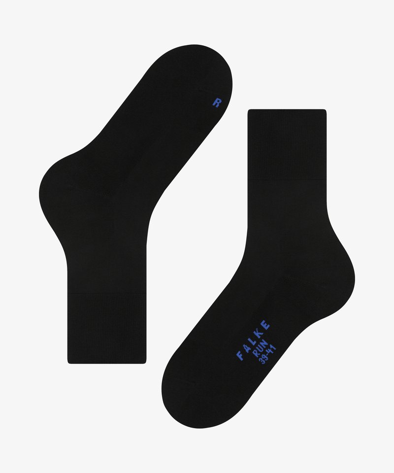 Zwarte katoenen sokkenmix met een geribbelde manchet. De ene sok heeft een blauwe "R," terwijl de andere het merk "FALKE" en de maatdetails toont.