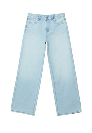 Jeans larghi in denim azzurro chiaro con vestibilità rilassata, caratterizzati da un design a cinque tasche, dettagli in metallo argentato e cuciture visibili.