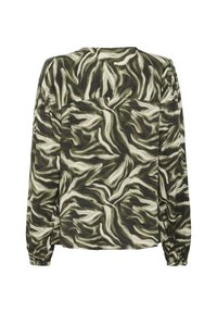 Blusa a maniche lunghe con motivo astratto ondulato verde e bianco, polsini arricciati e spalla dritta.