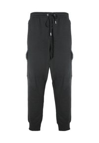 Pantaloni della tuta neri realizzati in materiale morbido, dotati di tasche laterali cargo, vita elastica con cordino e polsini affusolati.