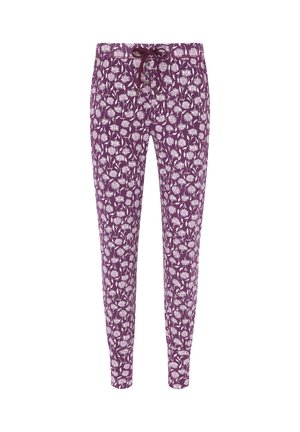 Lila gemusterte Hose mit weißen Blumenmotiven, Kordelzugbund und schmal zulaufenden Beinen, hergestellt aus weichem Stoff, der einen bequemen Sitz bietet.