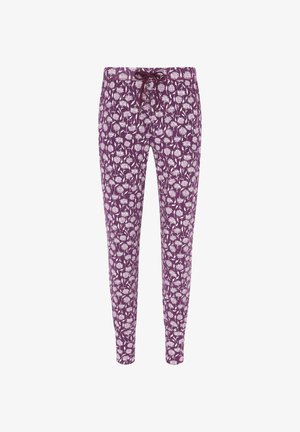Paarse broek met een patroon van witte bloemontwerpen, trekkoord in de taille en taps toelopende benen, gemaakt van zachte stof die een comfortabele pasvorm biedt.