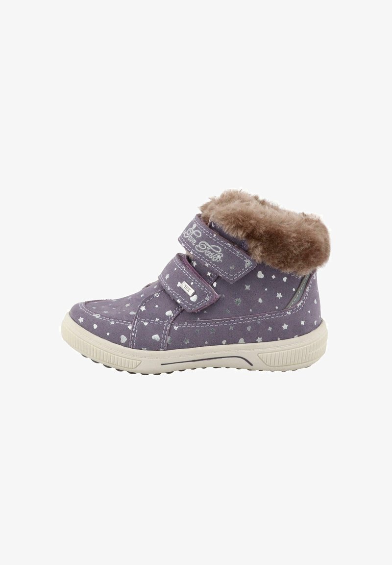 Bottines en tissu violet avec motifs de cœurs et d'étoiles blanches, bordées de fausse fourrure, et double bande Velcro. Semelle en caoutchouc pour une bonne adhérence et durabilité.