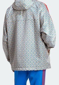 Chaqueta ligera y con estampado, con capucha. Presenta un diseño floral azul sobre un fondo beige, con franjas rojas a lo largo de las mangas.