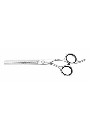 Stainless steel thinning scissors with black finger rings and serrated blade, labeled Jaguar Hera 48, designed for hair cutting.