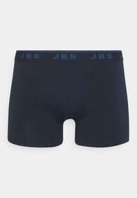 Marina blå bomullsboxershorts med en mjuk midja som har "JBS"-logotypen i en mörkare blå nyans. Slät textur och figurnära design.