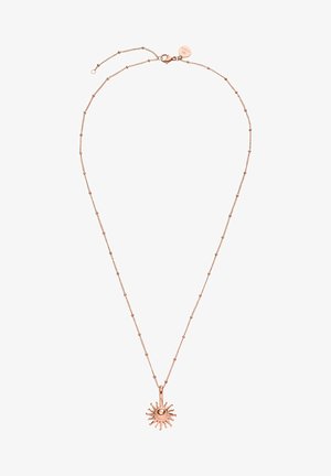 Halskette aus rosévergoldetem Metall mit einem sonnenförmigen Anhänger, der eine zentrale Kugel und strahlende Sonnenstrahlen aufweist. Die Kette hat kleine runde Perlenakzente.