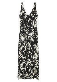 Ärmelloses schwarzes Kleid mit V-Ausschnitt und einem weißen botanischen Blattmuster. Der Stoff ist leicht und hat eine gebundene Taille für eine figurschmeichelnde Optik.