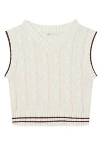 Mouwloze crèmekleurige gebreide sweatervest met kabelpatroon, V-hals en bruine strepen op de armsgaten en de zoom.