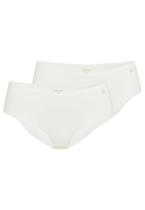 Zwei weiße nahtlose Hipster-Damenslips mit dezentem goldenen "JOOP!"-Branding und kleinem dekorativem Logo auf der Vorderseite.