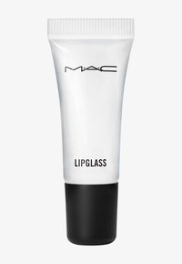MAC Lipglass in a klardem plastikkub i svart lock. Har texten "LIPGLASS" i fet svart stil. Slät textur, lättviktig design.
