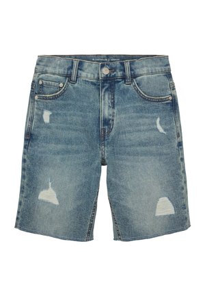 Blå denimshorts med slidte pletter, frontknap og lynlås, bæltestropper samt forlommer og møntlomme.