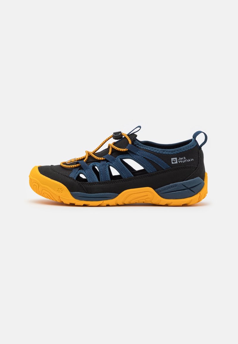 Black and navy water shoes with orange laces, open toe design, textured sole, mesh panels, and cushioned footbed.