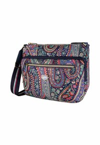 Borsa a tracolla a fantasia in blu scuro con design paisley caratterizzato da fiori multicolori, accessori in metallo dorato e tracolla regolabile.