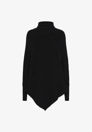 Musthave musta turtleneck poncho, mis on valmistatud ribikootud kangast. Omab asümmeetrilist hemmi ja pikki varrukaid, millel on tekstuursed aktsendid. Kerge disain.