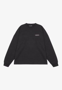 Schwarzes Langarm-Sweatshirt aus Baumwolle mit einem kleinen gestickten Logo auf der Brust sowie gerippten Bündchen und Halsausschnitt.