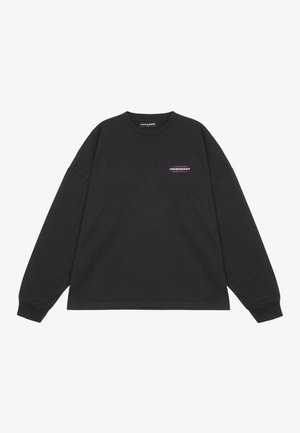 Black long-sleeve sweatshirt made of cotton, featuring a small embroidered logo on the chest and ribbed cuffs and neckline.