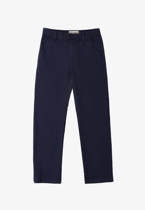 Navy blue chinos made of cotton with a smooth texture. Features side pockets, a front button closure, and straight leg design.