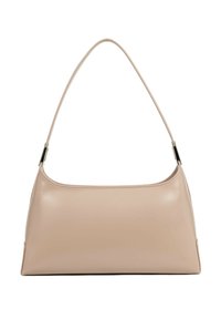 Borsa beige chiaro in pelle liscia, con manico superiore curvo e design minimalista con dettagli di cuciture sottili.