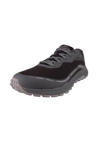 Męskie buty biegowe Merrell w kolorze czarnym i szarym, z siateczkową cholewką, elastyczną podeszwą i przyczepnością na podeszwie zewnętrznej.