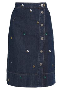 Denim skirt with front button closure, dark blue fabric, featuring colorful embroidered designs including lightning, bees, and celestial motifs.