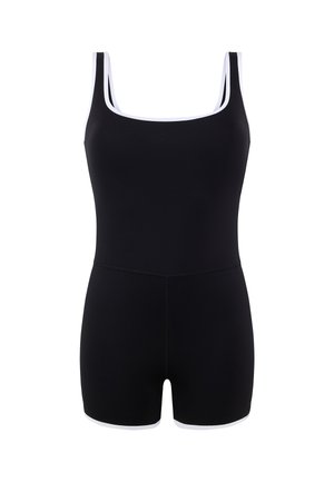 Maillot de bain une pièce noir sans manches avec bordure blanche autour de l'encolure, des bretelles et des ouvertures pour les jambes, présenté de face sur fond blanc.