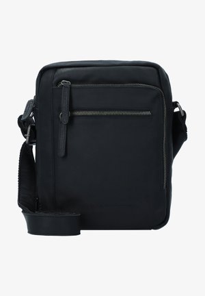 Borsa messenger nera in pelle con tasca frontale con zip e tracolla regolabile. Texture liscia, forma rettangolare e design minimalista.