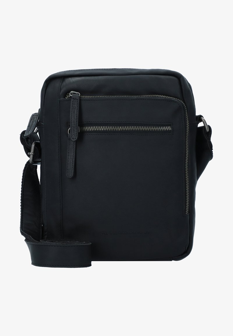 Borsa messenger nera in pelle con tasca frontale con zip e tracolla regolabile. Texture liscia, forma rettangolare e design minimalista.