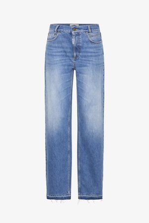 Jean en denim bleu clair avec une coupe décontractée, design à jambes droites, détails de décoloration et ourlets effilochés. Style classique à cinq poches.