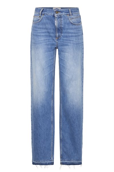 Blugi din denim ușor albastru, cu o croială lejeră, design drept, detalii cu efect de uzură și tivuri destrămate. Stil clasic cu cinci buzunare.