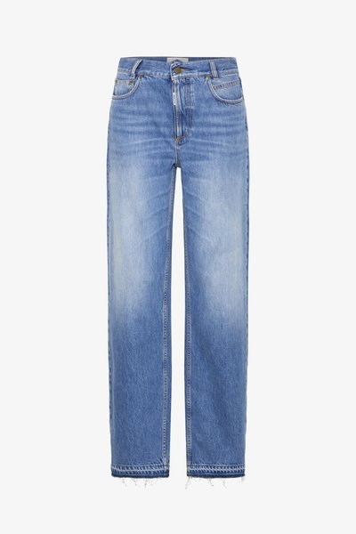 Blugi din denim ușor albastru, cu o croială lejeră, design drept, detalii cu efect de uzură și tivuri destrămate. Stil clasic cu cinci buzunare.