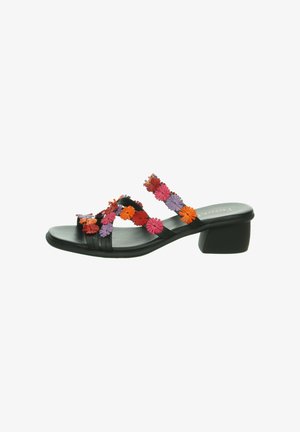 Black slide sandals featuring colorful floral accents in red, pink, and purple. Slightly elevated block heel with a smooth, textured footbed.