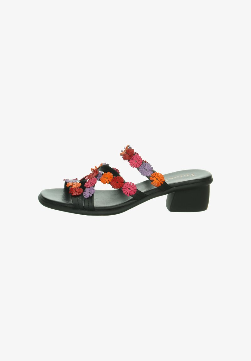 Schwarze Rutsch-Sandalen mit bunten floralen Akzenten in Rot, Pink und Lila. Leicht erhöhter Blockabsatz mit einer glatten, strukturierten Fußbett.
