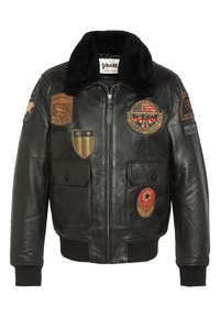 Schwarze Lederbomberjacke mit einem Kunstfellkragen, ausgestattet mit mehreren gestickten Aufnähern, zwei Fronttaschen sowie gerippten Bündchen und Saum.