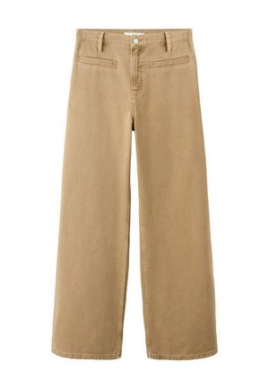Pantaloni a gamba larga di colore beige, realizzati in cotone. Presentano due tasche frontali e dettagli di cuciture minime lungo la vita e gli orli.