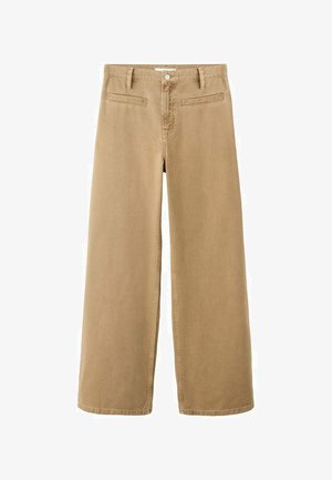 Pantaloni a gamba larga di colore beige, realizzati in cotone. Presentano due tasche frontali e dettagli di cuciture minime lungo la vita e gli orli.