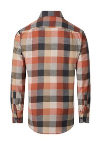 Langärmliges Herrenhemd mit orange-, beige-, schwarz- und grau-kariertem Muster, mit geknöpften Manschetten und klassischem Kragen, von hinten gezeigt.