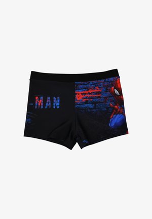 Costume da bagno per bambini con sfondo a ragnatela nero e blu, graffiti rossi e grafica parziale di Spider-Man sul lato destro.